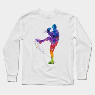 Boy Baseball Pitcher Watercolor Softball Gift Long Sleeve T-Shirt